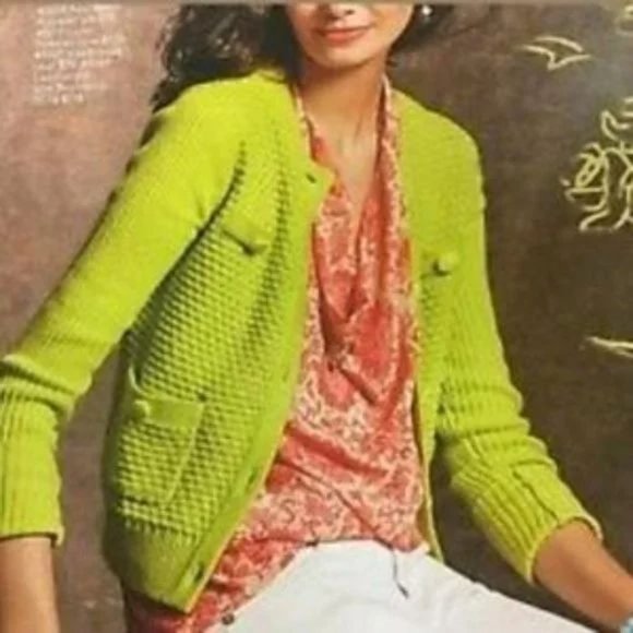 CAbi Sweaters - CAbi 5011 Loren Knit Woven Sweater Glow Stick Lime Green Cotton Blend